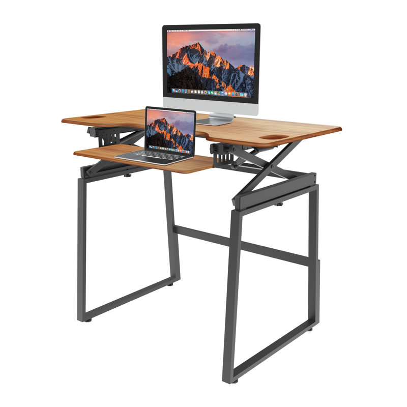  31.5 in. Gray Standing Desk Converter with Floor Mat, Dual Monitor Riser and Deep Keyboard Tray Platform, Gray