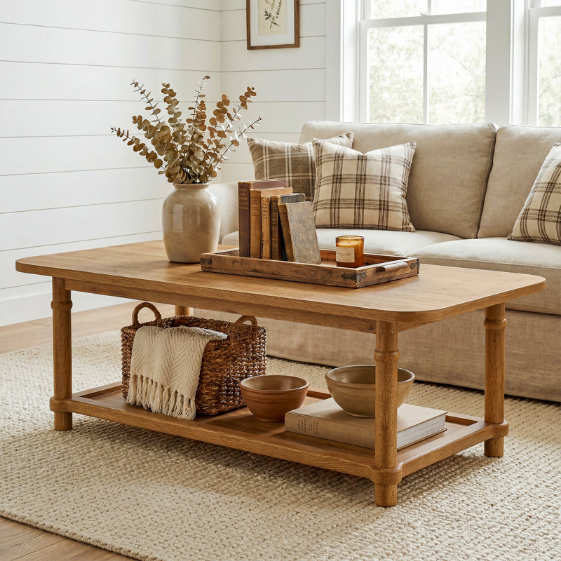 47" Solid Wood Coffee Table, Modern Farmhous Center Table with 2-Tier Storage, Light Brown