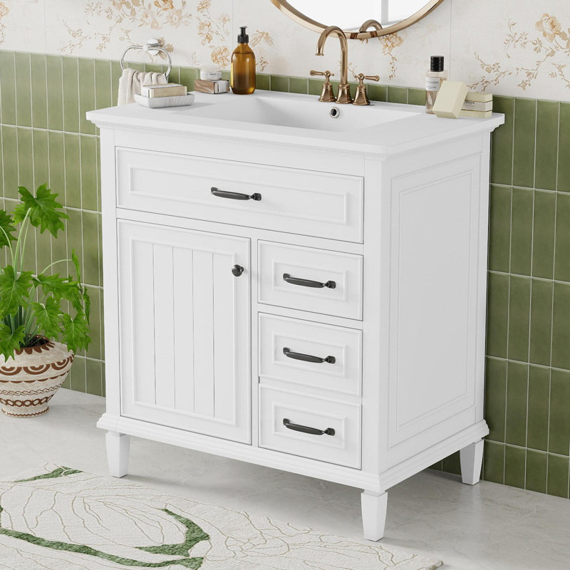 Meuble-lavabo de 30 pouces avec lavabo et rangement multifonctionnel, Blanc/Noir, 30"