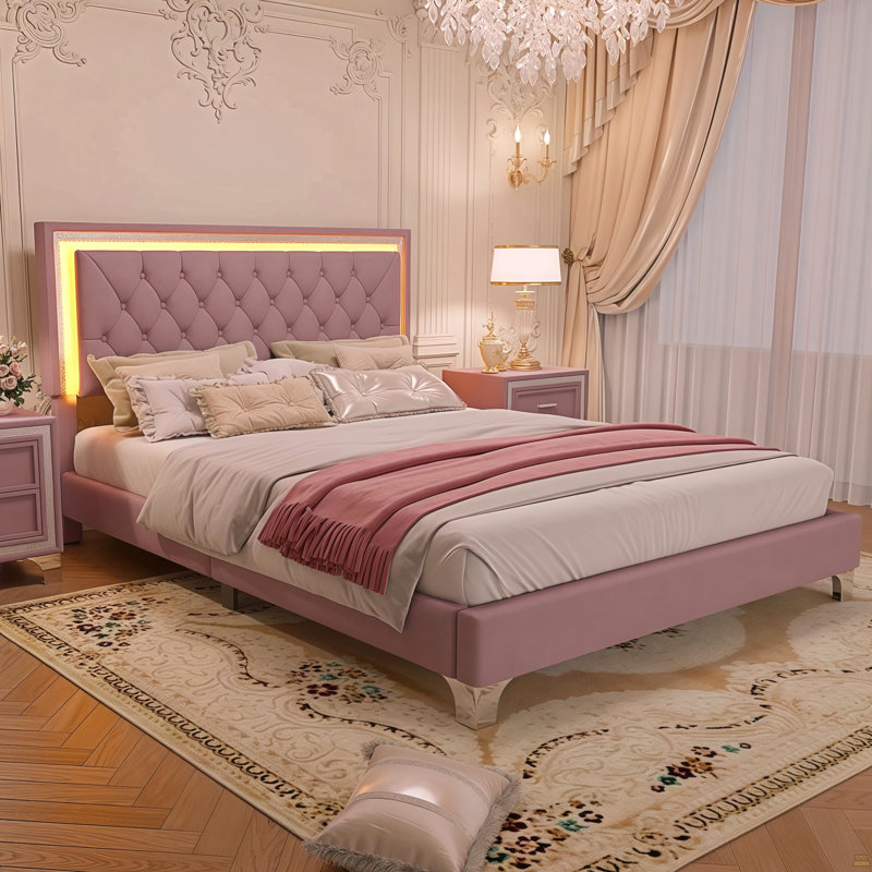 Structure de lit tapissier en velours pour grand lit moderne avec lumières DEL et tête de lit capitonnée, robuste et élégante