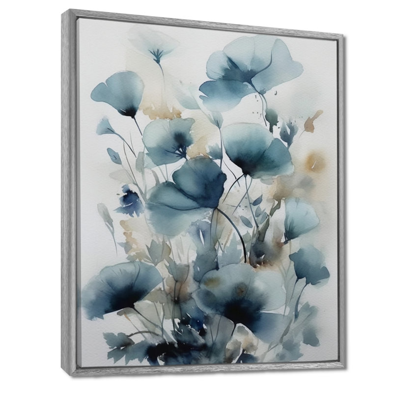 «Blue Leaf Foliage And Flowers I - Leaves», art mural sur toile, H 32 po x l 24 po, Encadrement argenté