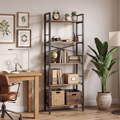 Freestanding Office Bookcase & Home Office Bookshelf - 5-Tier 67" Tall Industrial Open Bookcase with Side Rails & Arched Frame, Metal & Wood Display Shelf - for Home Office, Living Room