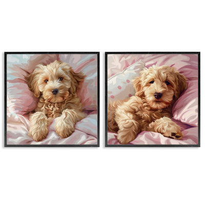  Cuddling Labradoodle in Bed 2 PC Giclee Art Set by Jim Baldwin