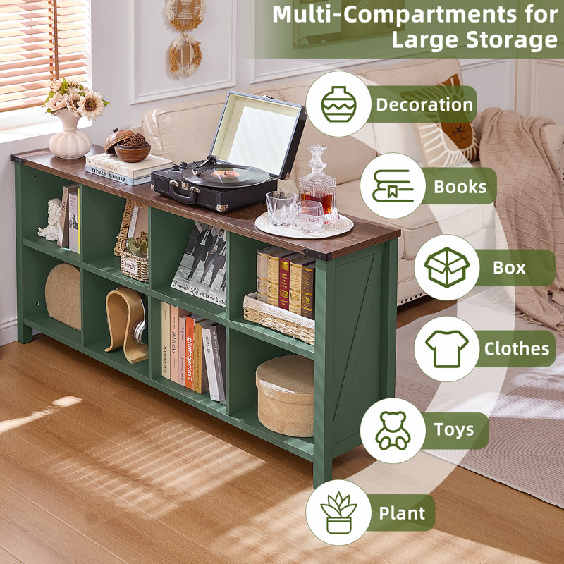 Farmhouse Wood Long Storage Organizer Bookcase, Green, (2 Shelves)  29.7" H x 62" W x 13.6" D