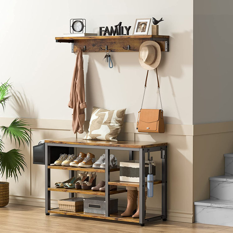 Moumen 19.7'' H×35.1'' W Entryway Organizer - Modern Wood & Iron Storage with Bench, Hooks & Shoe Cubbies, Brown