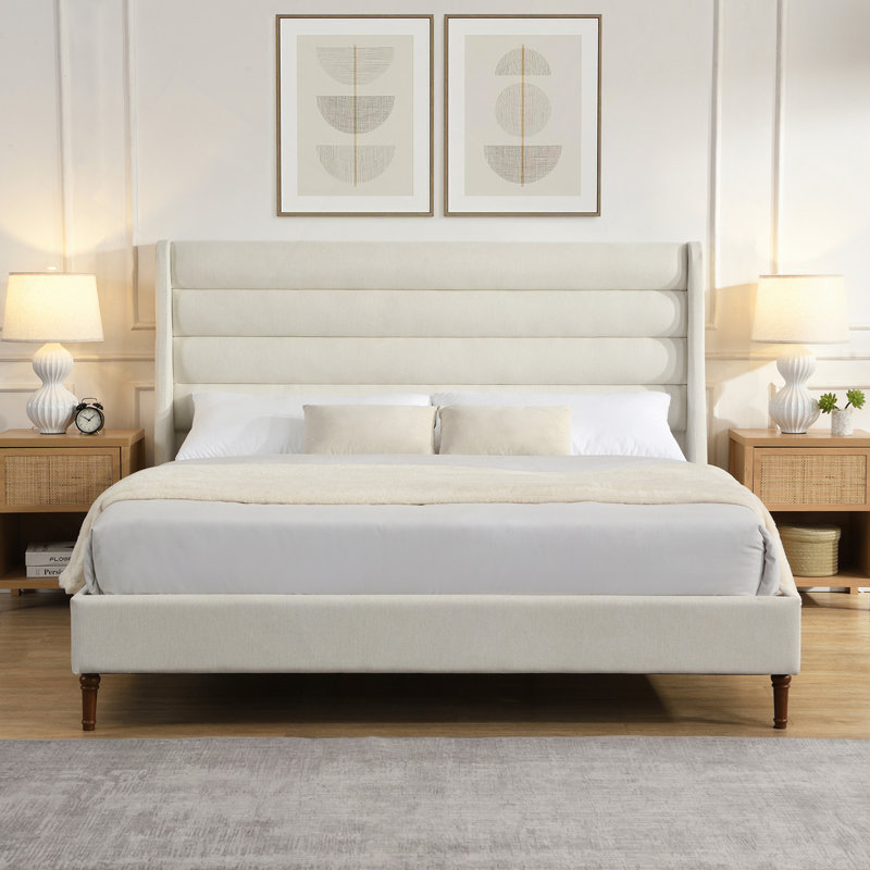 Lit plateforme tapissier avec tête de lit haute et tête de lit ondulée, tissu chenille de qualité supérieure, lit plateforme minimaliste moderne sans sommier, assemblage facile