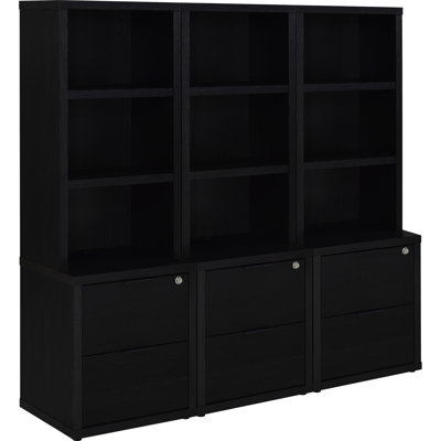 Black Three - Piece Wall Unit Bookcase With , Tower Shelf, And Open Shelves, Secure Drawers For Style Display In Primary Living Space Arrangement Optimization Versatile Organization Space, Featuring