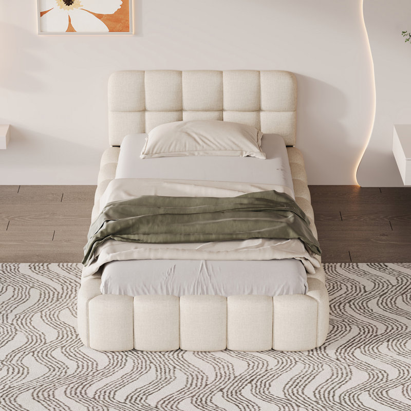 Upholstered Bed with Chunky Padded Headboard, Single (3'), Beige