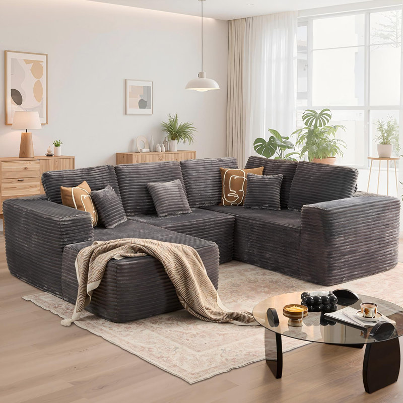 Canapé modulaire en velours côtelé en U 3 pièces Cloudelle - Aucun assemblage requis, Velours côtelé gris