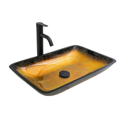 Lavabo de salle de bain au-dessus du comptoir, verre trempé doré ambré, bol carré, bonde escamotable, conception élégante de vasque d'apparence, convient à différentes zones