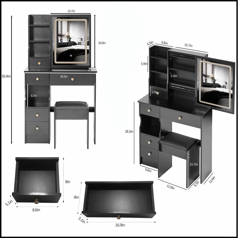 Compact Vanity Table With Touch Control LED Mirror, High Capacity Storage, And Cushioned Stool For Small Spaces