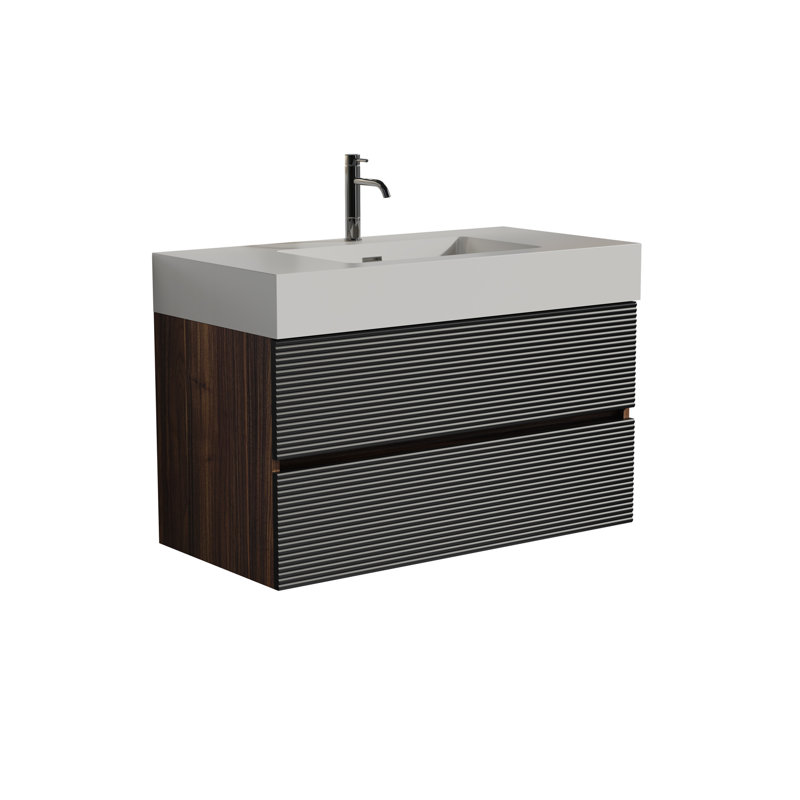 Meuble-lavabo en noyer de 36 po Grace avec lavabo à surface solide blanc brillant et tiroirs noirs doux, meuble-lavabo mural flottant pour salle de bain moderne, lavabo blanc brillant One-pièce, KD