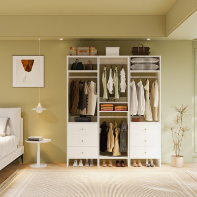 Narrow Modular Closet System Bundle, White Freestanding Wardrobe with Hanging Rod and 3 Storage Drawers