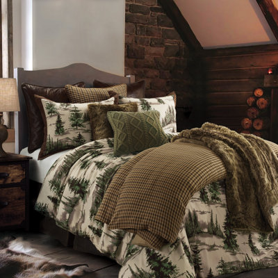 Joshua Cream, Green and Brown Pine Tree Print Western Lodge Rustic Cabin Cotton Comforter Set