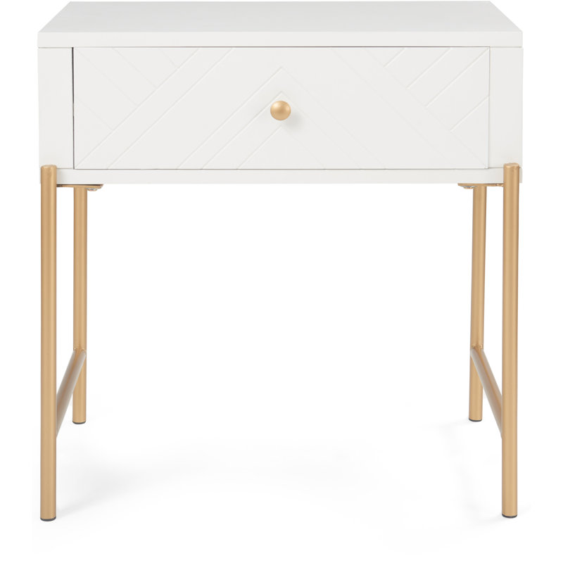 White and Gold Rectangular Wood and Metal Side Table with Drawer