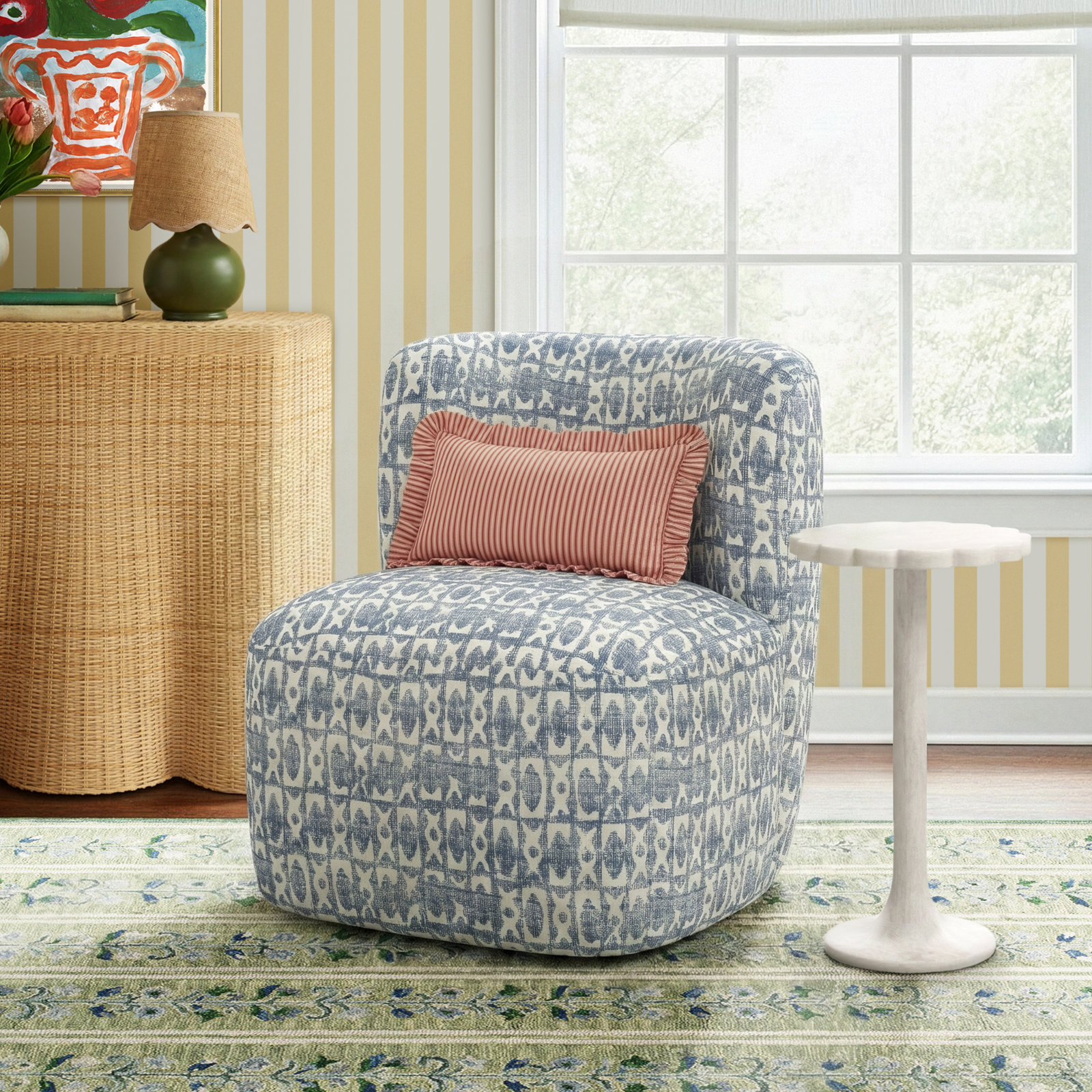 Mariza Upholstered Swivel Slipper Chair, Texture Block Blue
