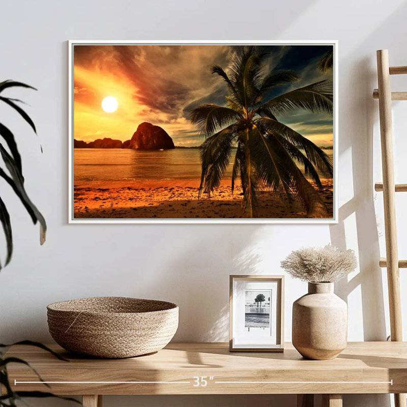 Coucher de soleil sur la plage chaude, Cadre flottant blanc, 25 po x 17 po