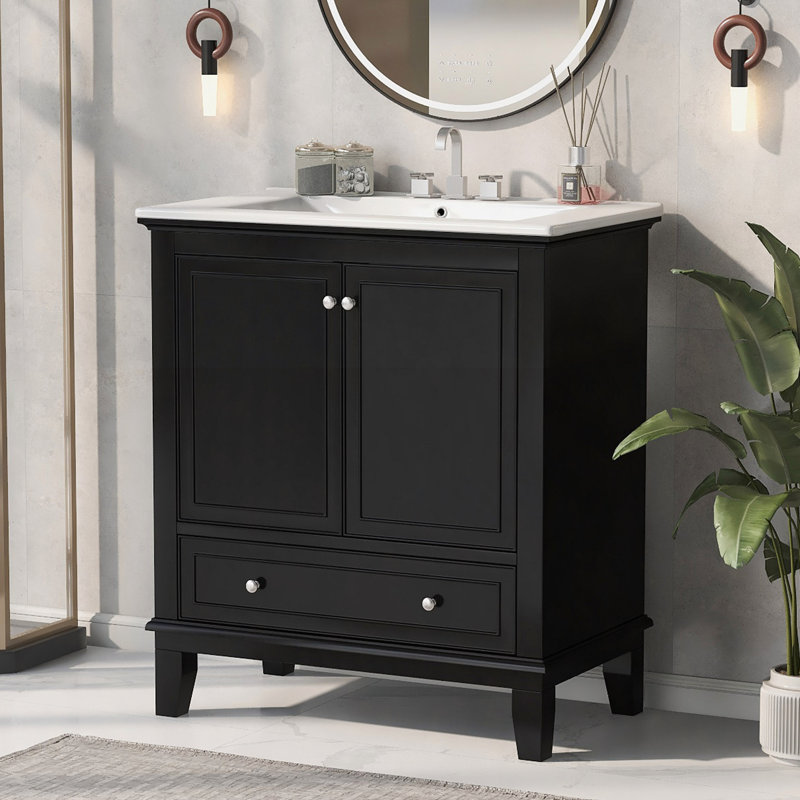 Meuble-lavabo 30 po avec lavabo, armoire de salle de bain multifonctionnelle avec portes et tiroir, bois massif et panneau de fibres à densité moyenne