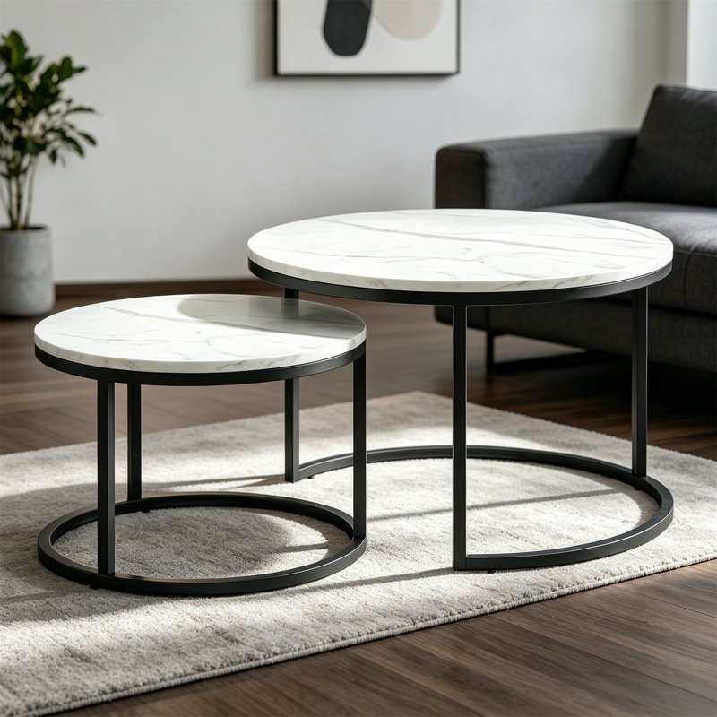 Set of Two Marble-Effect Coffee Tables, Marble White