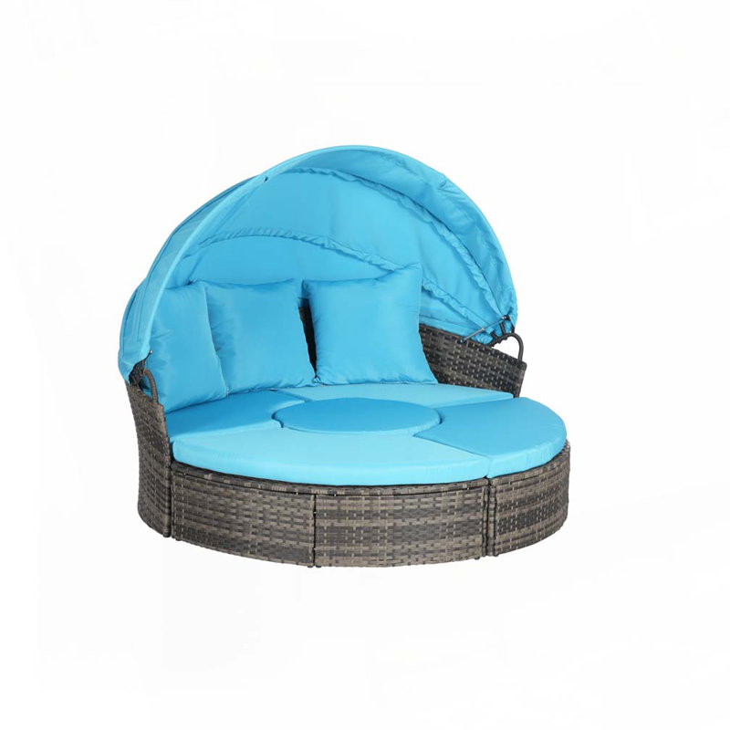 Ensemble de conversation pour patio 5 pièces, ensemble de conversation en osier avec auvent rétractable 5 pièces, Bleu clair