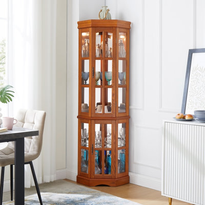 Vitrine de coin avec 5 tablettes et un système d'éclairage, en chêne (ampoule E26 non incluse)