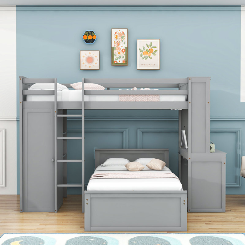 Lit superposé simple en bois 2 tiroirs avec bureau intégré et tablettes Curt Kids, gris