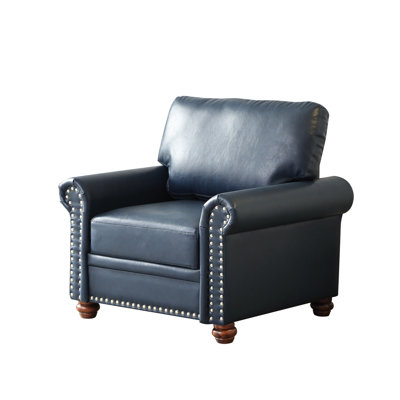 Chair For Living Room In Navy Blue With Foam And Fill Faux Leather Chair, High Elastic Sponge Fill, Wood Leg