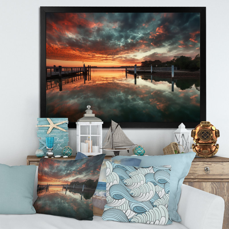 " Sunset Over Port III ", Black Picture Framed, 12" H x 20" W x 1" D