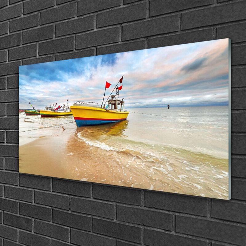 Landscape Boats Beach Sea - No Frame Print on Glass