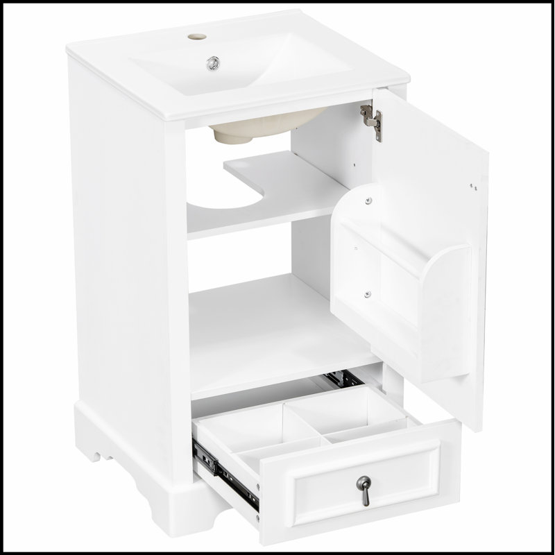 Meuble-lavabo moderne de 20 pouces avec lavabo en céramique, porte à fermeture en douceur, tablette réglable en forme de U et plusieurs options de rangement