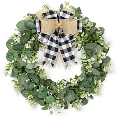 Couronne d'eucalyptus avec nœud écossais - blanc et noir - couronne artificielle pour décor de porte d'entrée de maison de campagne