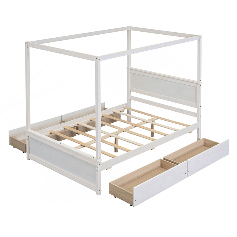 Lit à baldaquin en bois avec quatre tiroirs, lit plateforme à baldaquin pleine grandeur avec lattes de soutien. Aucun sommier tapissier requis, blanc brossé