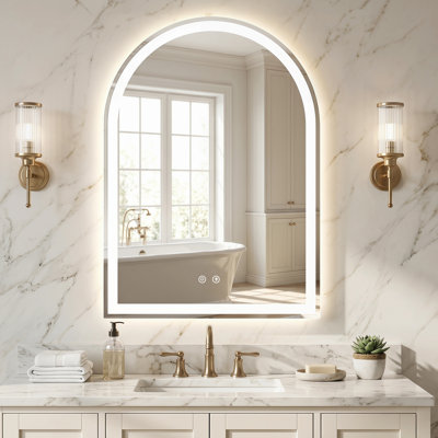 Wall-Mounted Arched Mirror LED Anti-Fog Bathroom Mirror, Adjustable Brightness and Color Temperature Vanity Mirror