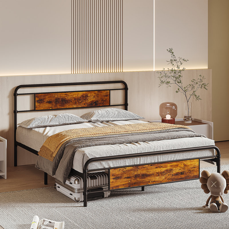 Lit en métal avec tête de lit et aucun sommier nécessaire pour le rangement sous le lit, Double