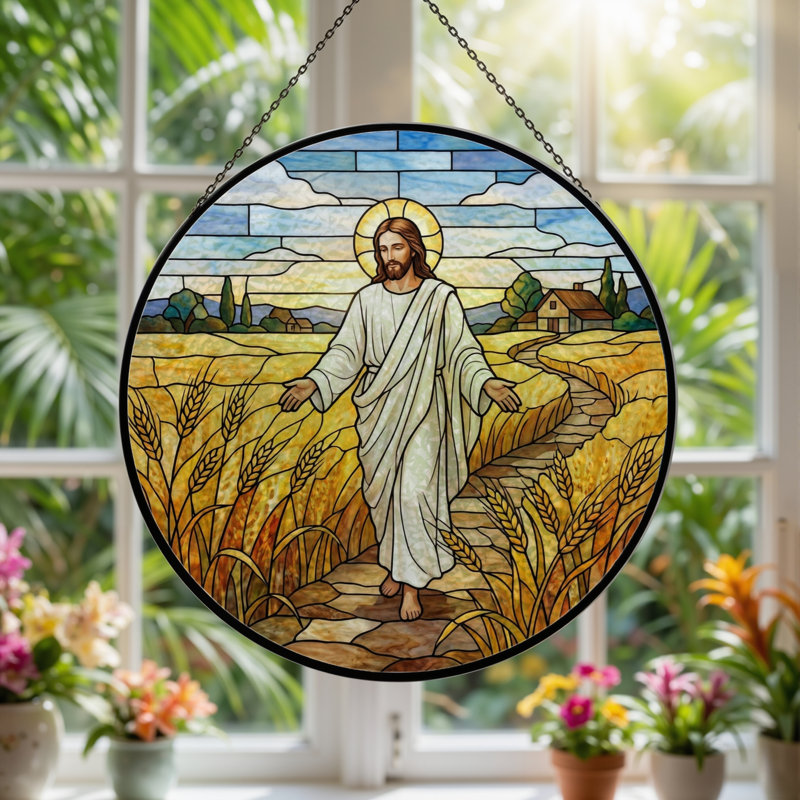 Jesus Walking Stained Glass Window Panel,12"H, H 7,8 po
