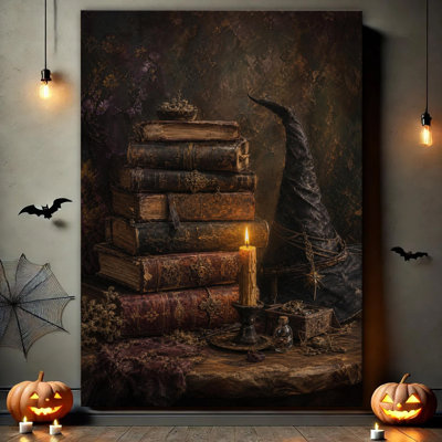 Stack Of Ancient Witch Spell Books With Lit Candle And Witch Hat On Rustic Wooden Table, Dark Vintage Still Life Canvas Wall Art Decor