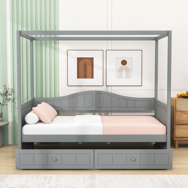 Tauya Twin Size Wood Canopy Daybed with 2 Drawers, Gray