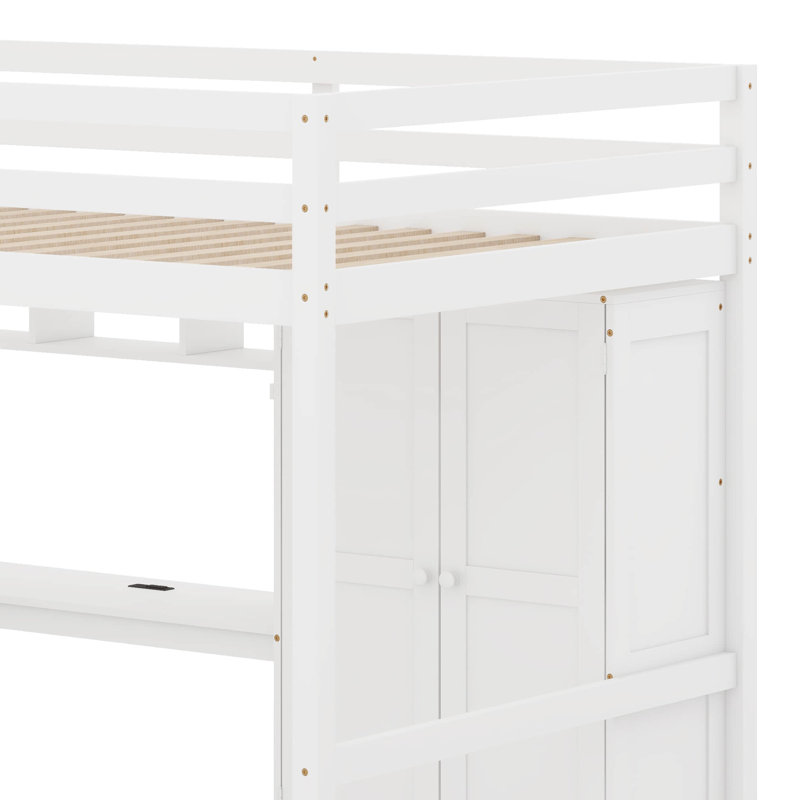 Full Size Loft Bed With Desk And Staircase, Wood High Loft Bed With Charging Station, Bookcase, Wardrobe, Doors And Drawers