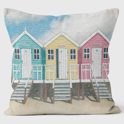 Blue Yellow Pink Beach Huts - Martin Wiscombe - Art Print Cushion
