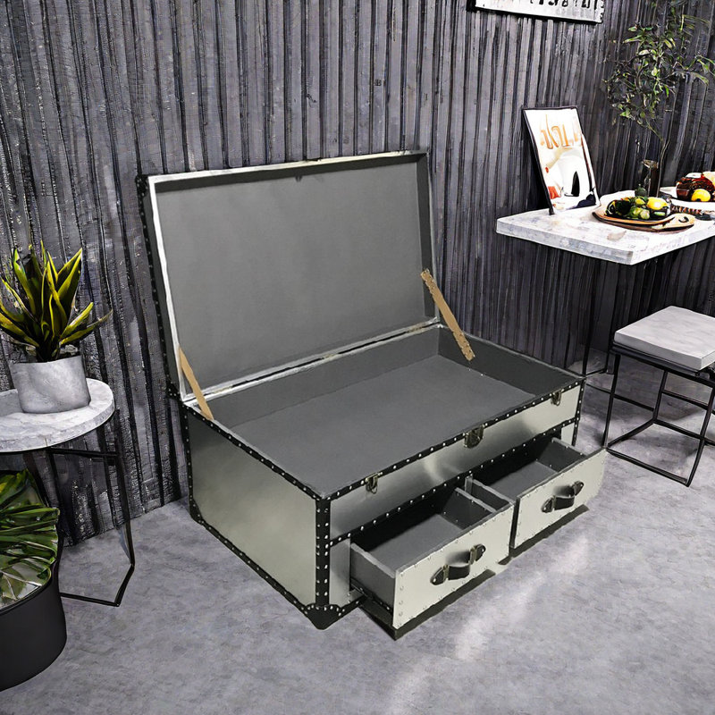 Table basse industrielle avec cadre en bois, H 18,11 po x L 51,18 po x l 31,49 po