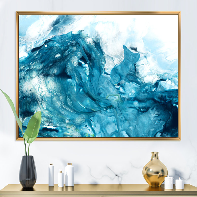 Art turquoise liquide - peinture sur toile, Toile à cadre flottant doré, H 12 po x l 20 po