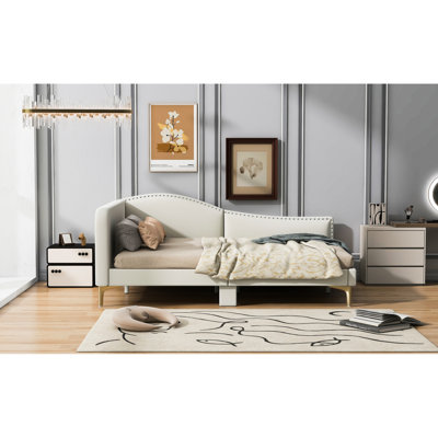 Beige Upholstered Daybed With Headboard & Armrest, Strong Support Legs - Simple Comfortable Full Size In Headboard, Armrest For Versatility