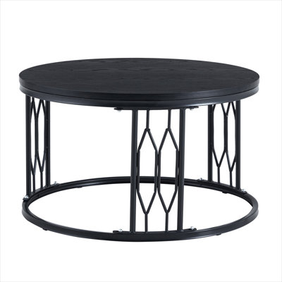 Coffee Table with Compact Round Design, Classic Black Embossed MDF Top and Metal Frame, 27.5-Inch Diameter for Living Room