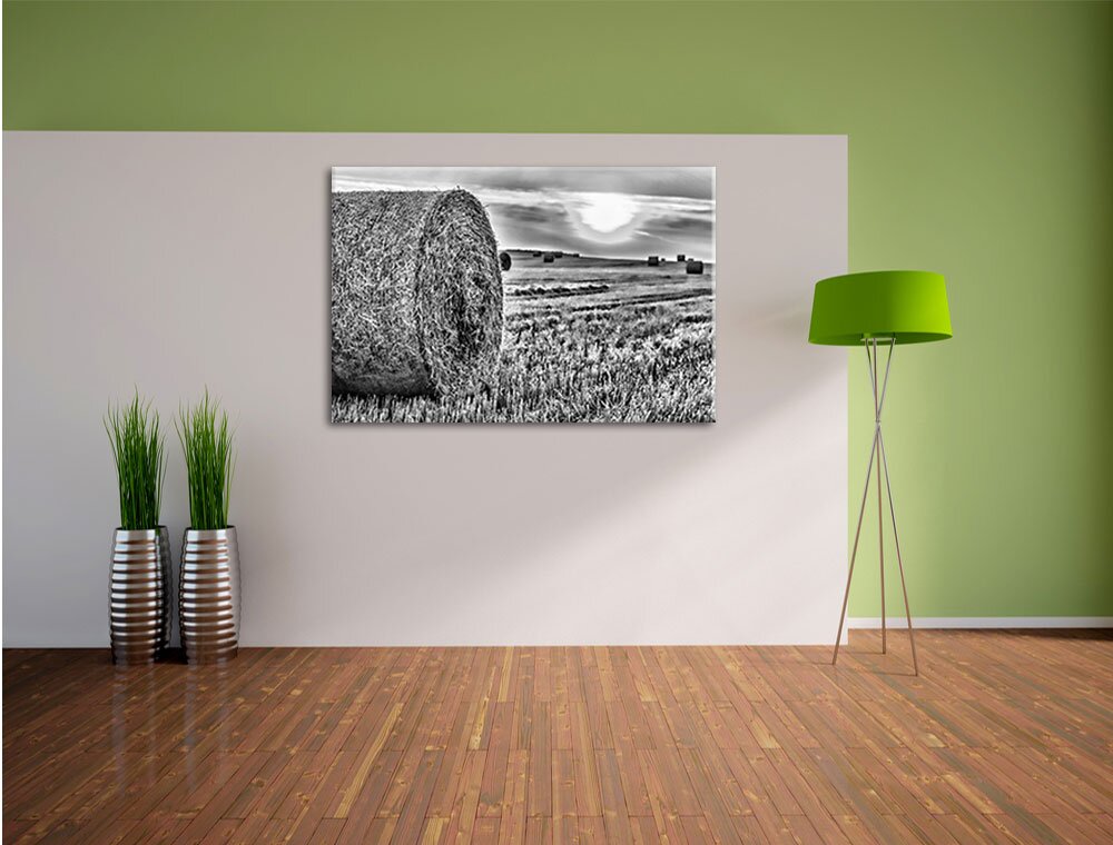 Leinwandbild Strohballen auf Feld in Monochrom