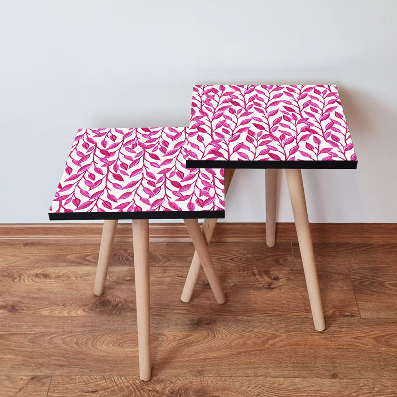 Modern Fuchsia & White Nesting Table Set (2 Pieces), 13.8 x 18.5 x 13.8 in | 100% MDF with Beech Wood Legs, Thickness: 0.7 in | Stylish & Functional Design, Perfect for Living Room & Home Décor, Floral Concept