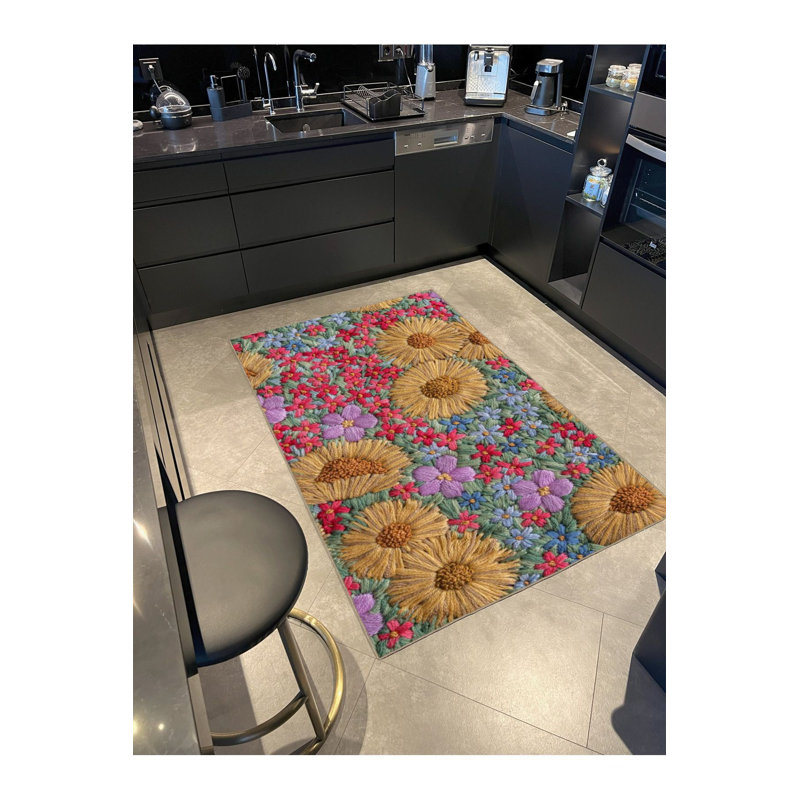 Tapis tissé multicolore à motif floral lavable à la machine, Carré 3 pi 3 po