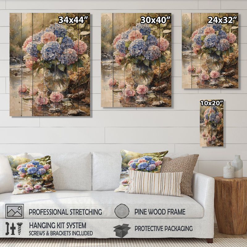 Hortensias et roses au bord de la rivière - Art mural en bois d'hortensias - sur bois de pin naturel