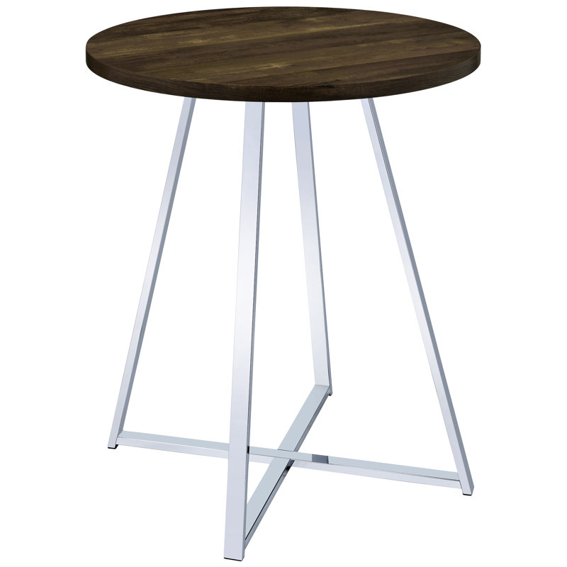 Table bistro ronde de 35 po de hauteur pub avec finition chêne brun, pieds de finition et base géométrique évasée, idéale pour 2 bases de salle à manger