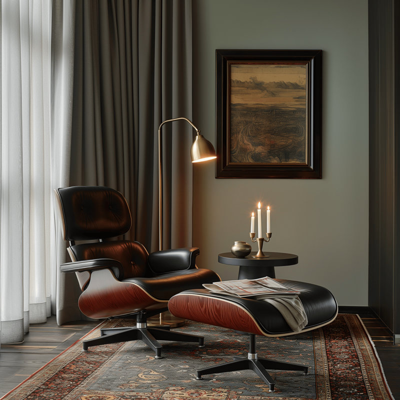 Real Leather lounge chair with Solid Wood, Red Wood Black Genuine Leather