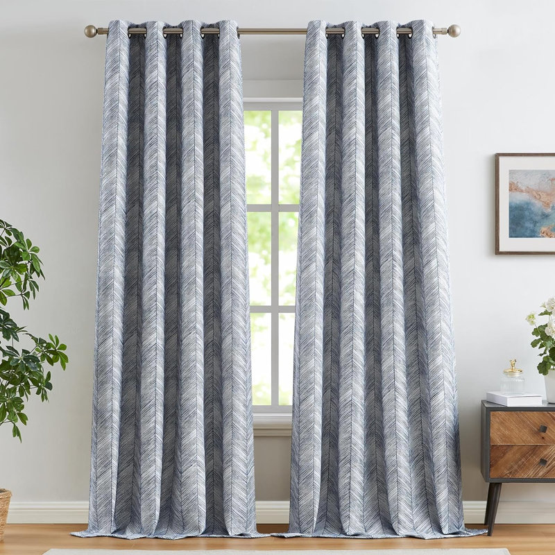 Blue Grommet Jacquard Curtains with Herringbone Pattern for Living Room, 50" W x 96" L, Blue